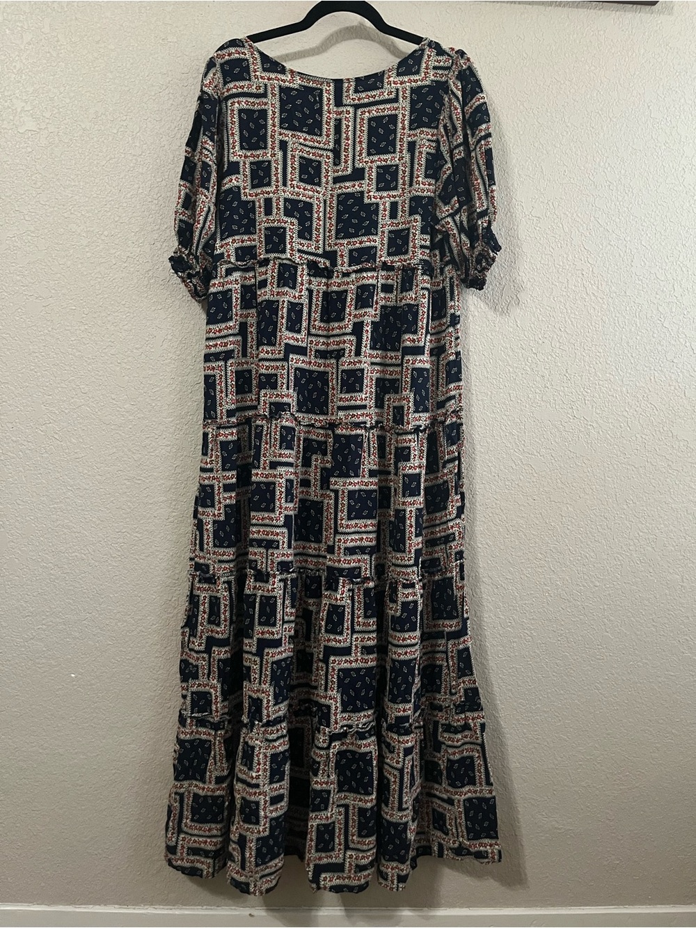 Women’s Navy Patchwork Square-Neck Midi Dress - Picture 3 of 8